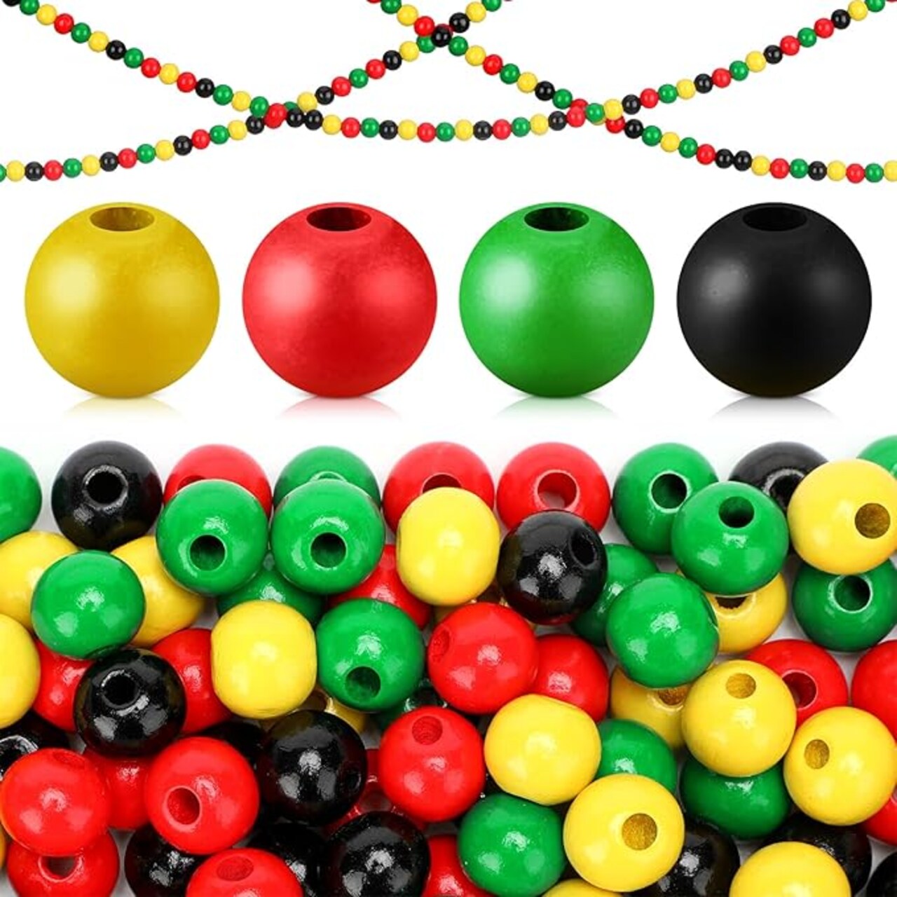 300 Pcs Juneteenth Wooden Beads Black Red Green Yellow Wood Beads Ornament with Hemp Rope Juneteenth Freedom Independence Day Patriotic for Party DIY Crafts Jewelry Bracelets Keychain Making